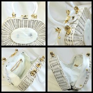 Vintage White Wicker Box Purse ‎ W Mother Of Pearl Trim Handmade Hong Kong